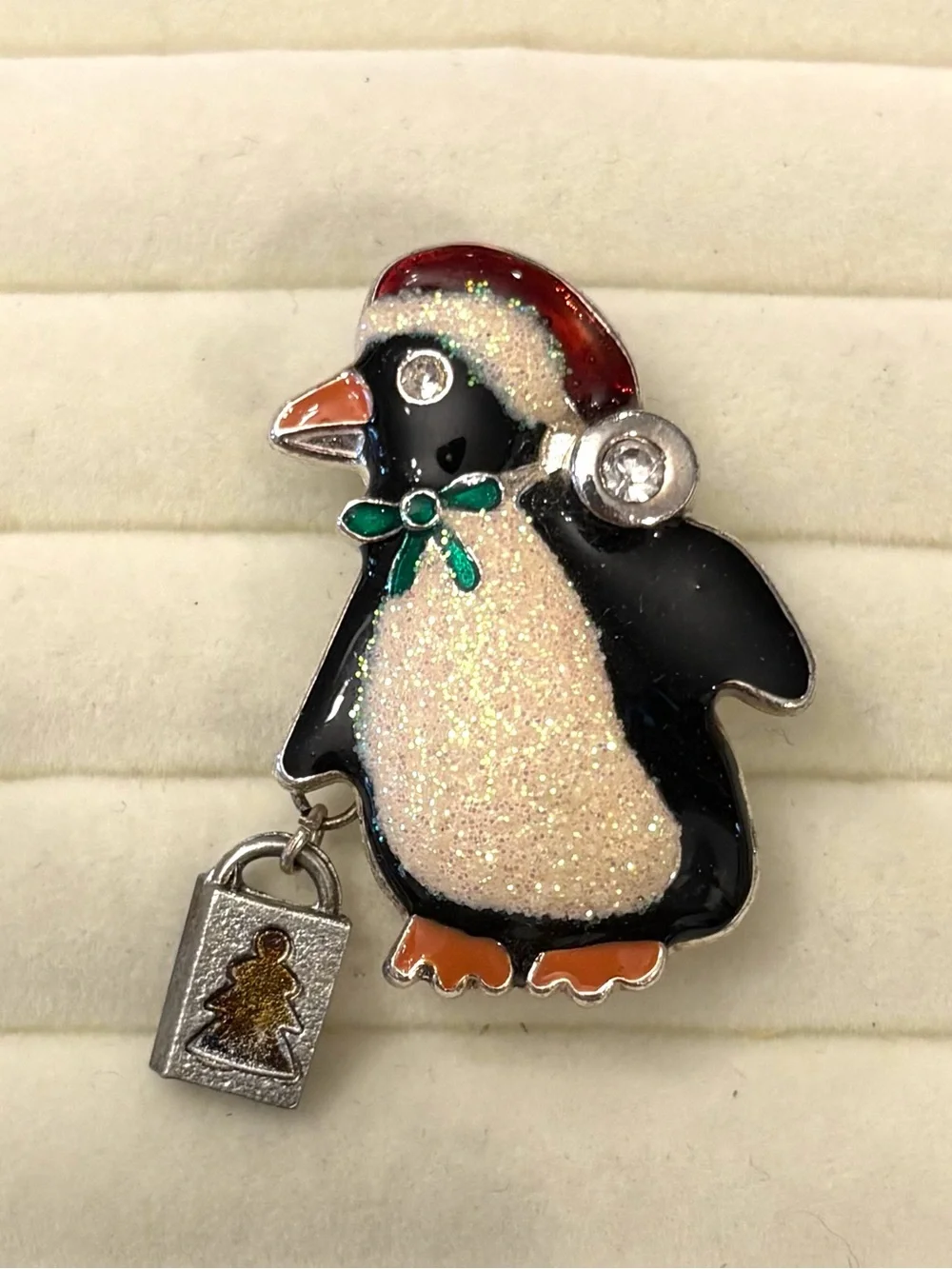 Christmas Penguin Holding Gift Bag Rhinestone Vintage Silver Brooch Pin
